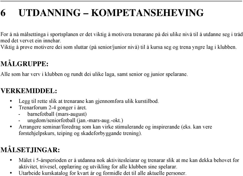 MÅLGRUPPE: Alle som har verv i klubben og rundt dei ulike laga, samt senior og junior spelarane. VERKEMIDDEL: Legg til rette slik at trenarane kan gjennomføra ulik kurstilbod.