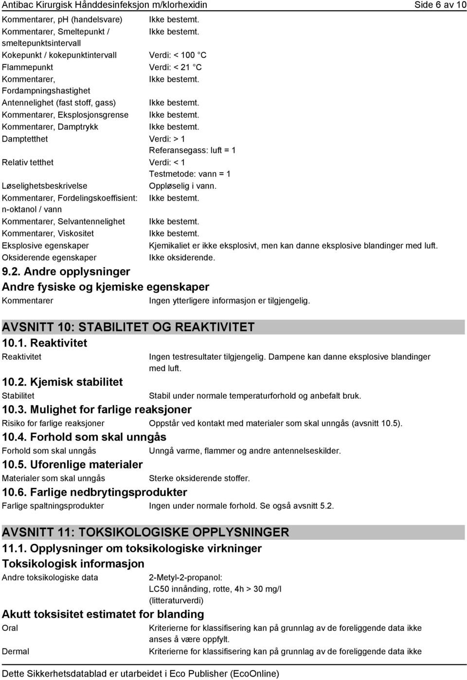 Kommentarer, Eksplosjonsgrense Ikke bestemt. Kommentarer, Damptrykk Ikke bestemt.