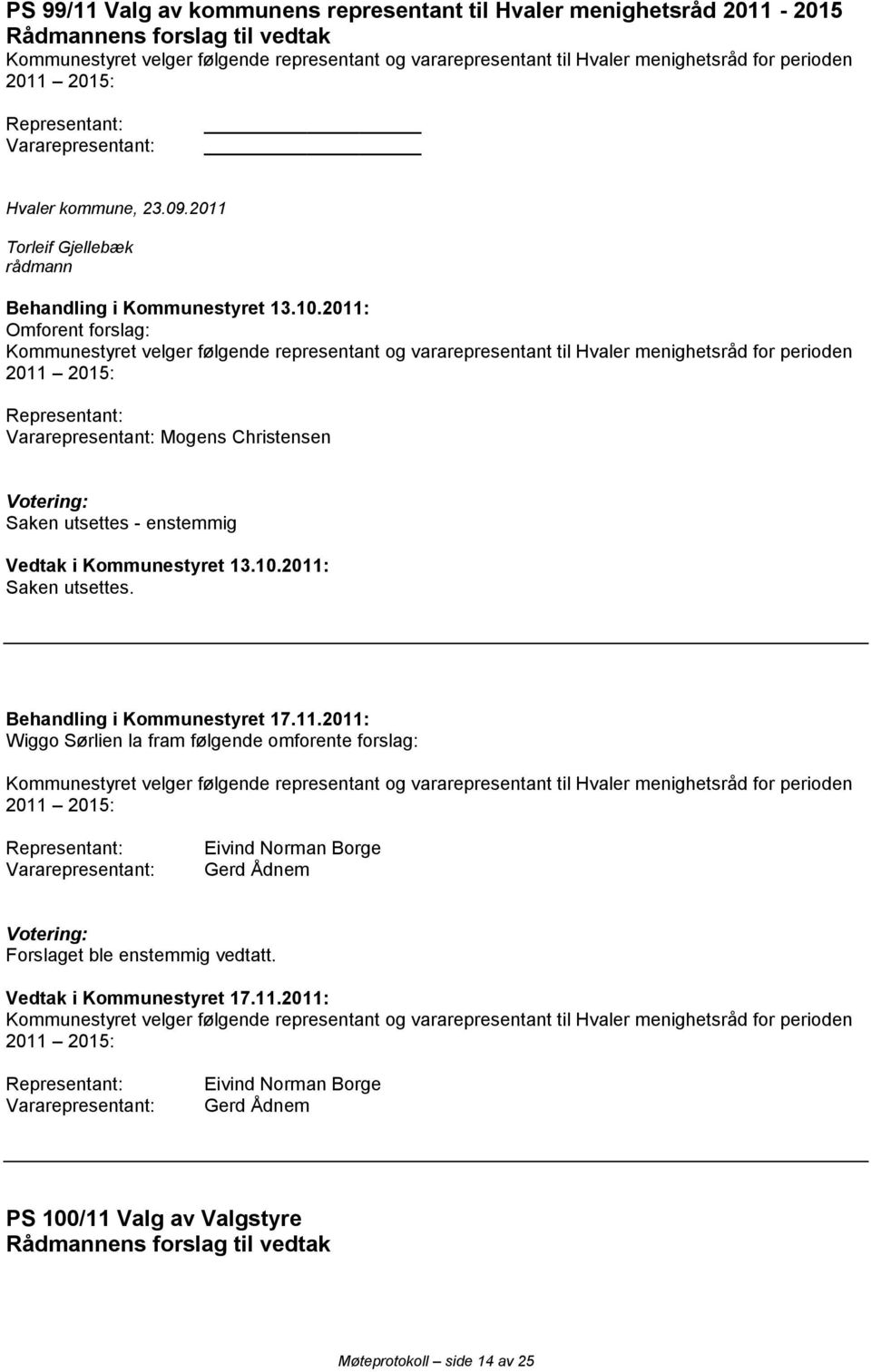 2011: Omforent forslag: Kommunestyret velger følgende representant og vararepresentant til Hvaler menighetsråd for perioden 2011 2015: Representant: Vararepresentant: Mogens Christensen Saken