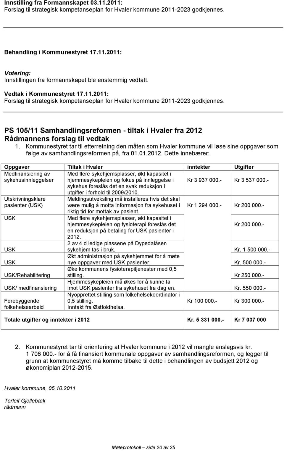 Kommunestyret tar til etterretning den måten som Hvaler kommune vil løse sine oppgaver som følge av samhandlingsreformen på, fra 01.01.2012.