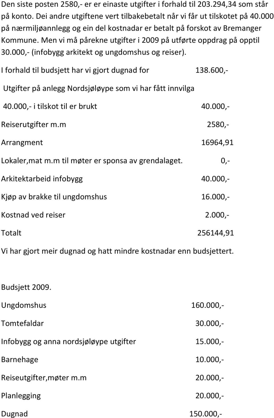 000, (infobygg arkitekt og ungdomshus og reiser). I forhald til budsjett har vi gjort dugnad for 138.600, Utgifter på anlegg Nordsjøløype som vi har fått innvilga 40.000, i tilskot til er brukt 40.