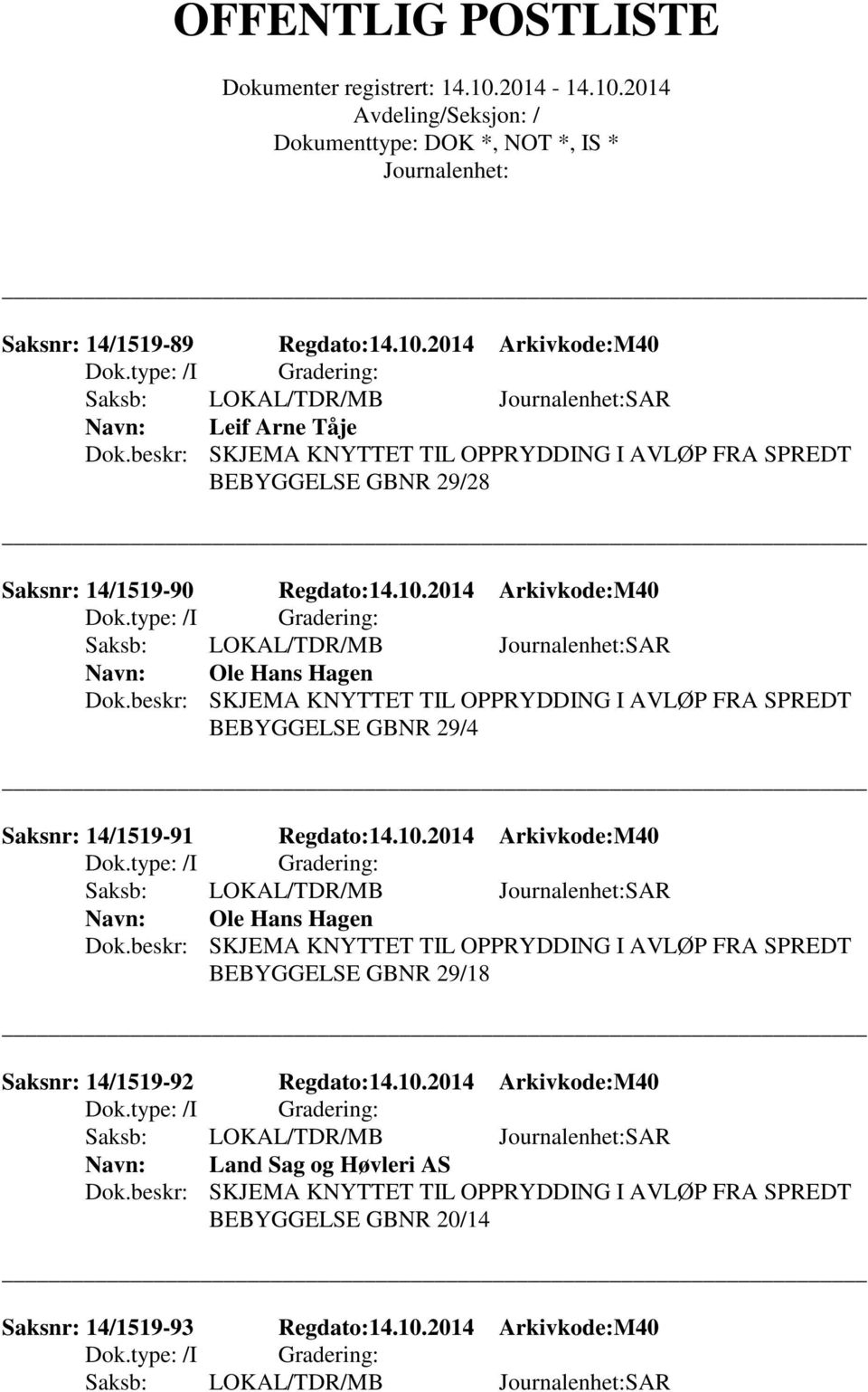 2014 Arkivkode:M40 Ole Hans Hagen BEBYGGELSE GBNR 29/4 Saksnr: 14/1519-91 Regdato:14.10.