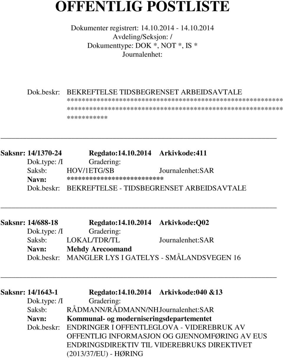 beskr: MANGLER LYS I GATELYS - SMÅLANDSVEGEN 16 Saksnr: 14/1643-1 Regdato:14.10.2014 Arkivkode:040 &13 Saksb: RÅDMANN/RÅDMANN/NH SAR Kommunal- og moderniseringsdepartementet Dok.