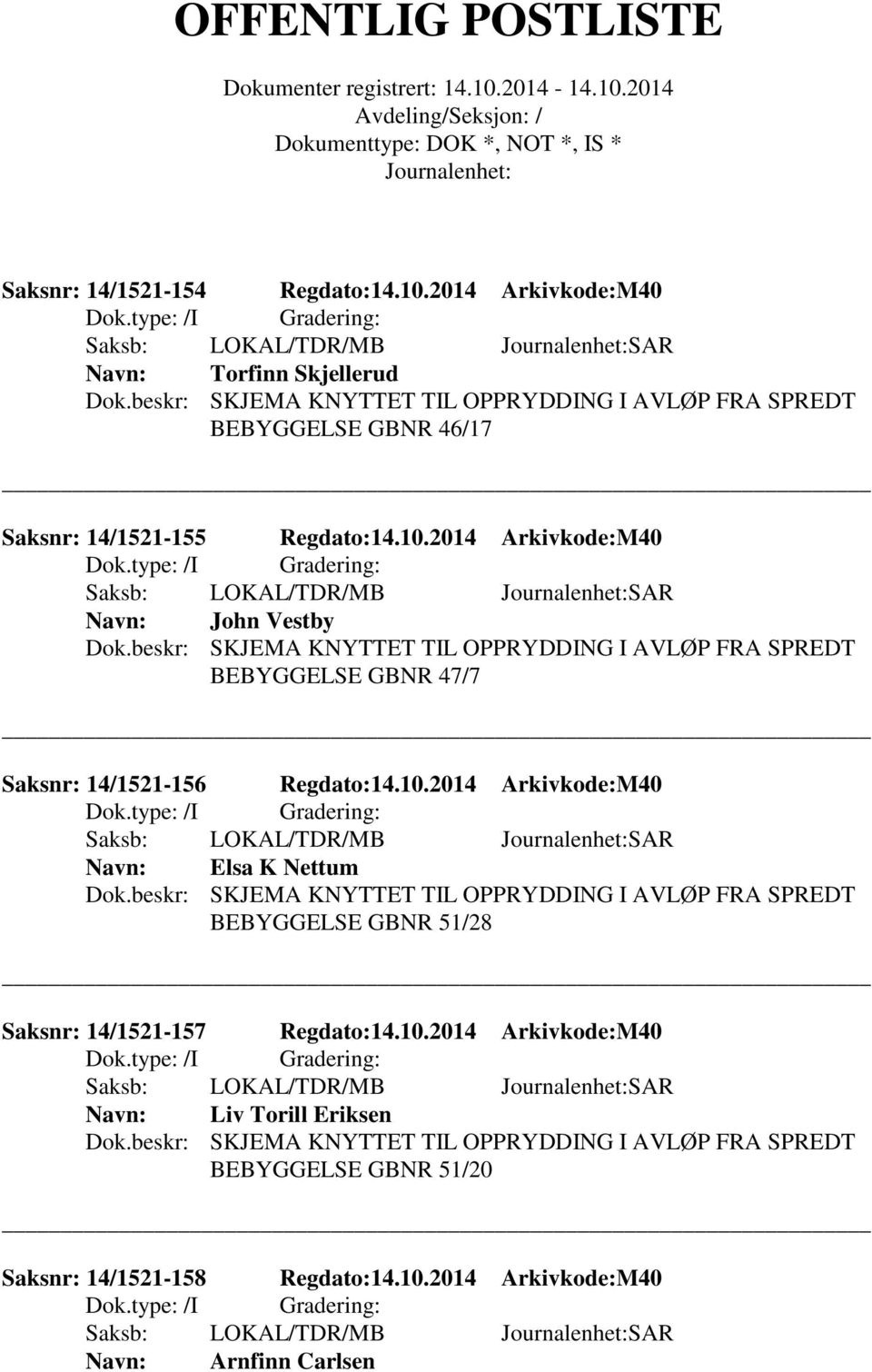 2014 Arkivkode:M40 John Vestby BEBYGGELSE GBNR 47/7 Saksnr: 14/1521-156 Regdato:14.10.