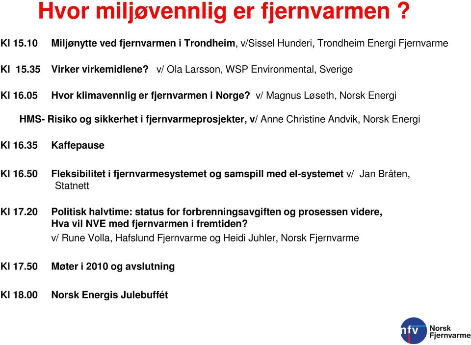 v/ Magnus Løseth, Norsk Energi HMS- Risiko og sikkerhet i fjernvarmeprosjekter, v/ Anne Christine Andvik, Norsk Energi Kl 16.35 Kaffepause Kl 16.