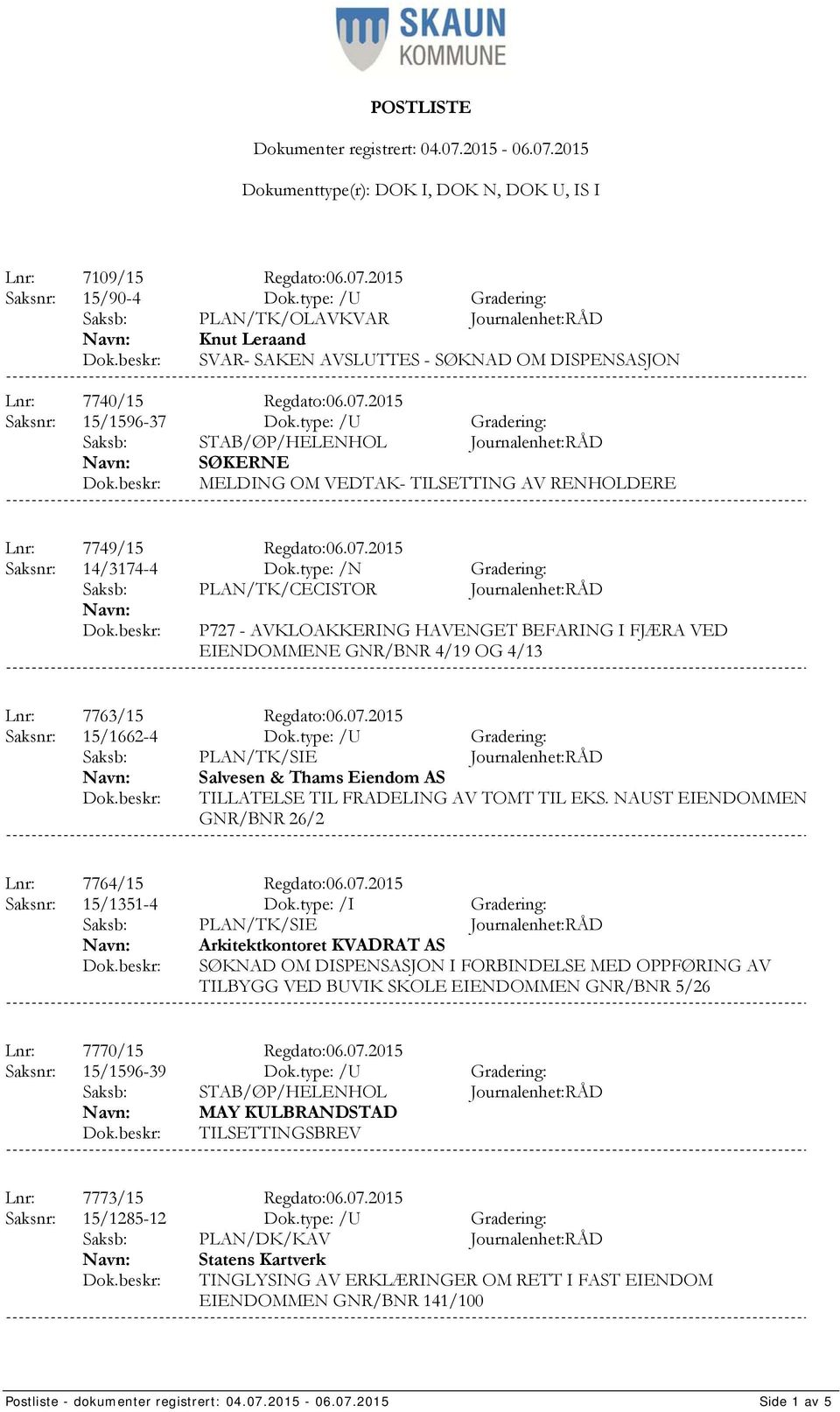 type: /N Gradering: Saksb: PLAN/TK/CECISTOR Journalenhet:RÅD P727 - AVKLOAKKERING HAVENGET BEFARING I FJÆRA VED EIENDOMMENE GNR/BNR 4/19 OG 4/13 Lnr: 7763/15 Regdato:06.07.2015 Saksnr: 15/1662-4 Dok.