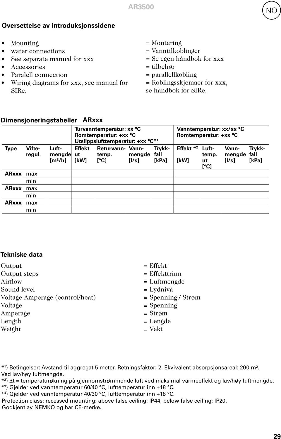 Dimensjoneringstabeller ARxxx Turvanntemperatur: xx C Romtemperatur: +xx C Utslippslufttemperatur: +xx C* 1 Type Vifteregul.