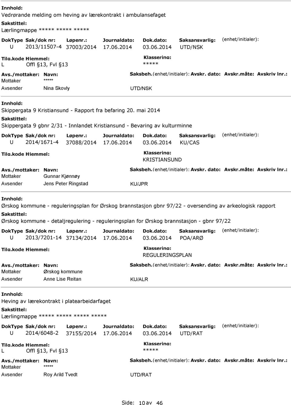 2014 K/CAS KRSTANSND Avs./mottaker: Navn: Saksbeh. Avskr. dato: Avskr.måte: Avskriv lnr.