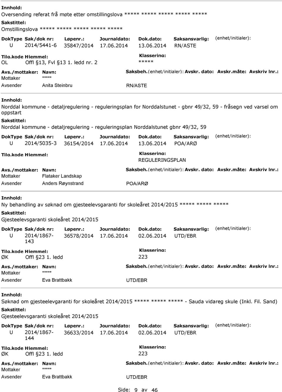 Norddalstunet gbnr 49/32, 59 2014/5035-3 36154/2014 13.06.2014 POA/ARØ REGLERNGSPLAN Avs./mottaker: Navn: Saksbeh. Avskr. dato: Avskr.måte: Avskriv lnr.