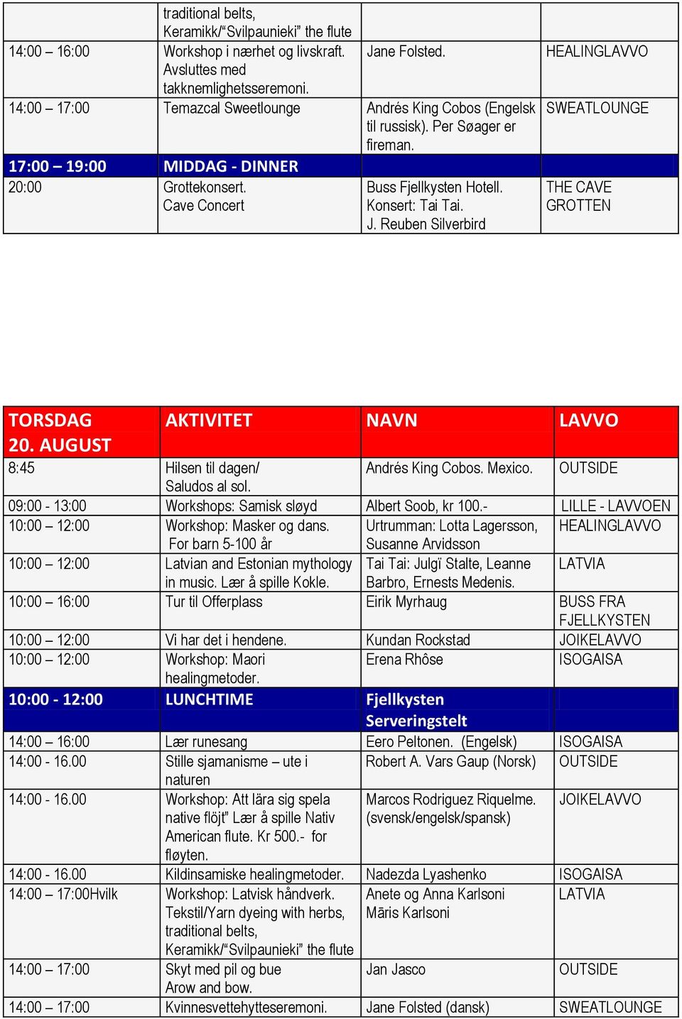 Mexico. OUTSIDE Saludos al sol. 09:00-13:00 Workshops: Samisk sløyd Albert Soob, kr 100.- LILLE - LAVVOEN 10:00 12:00 Workshop: Masker og dans.