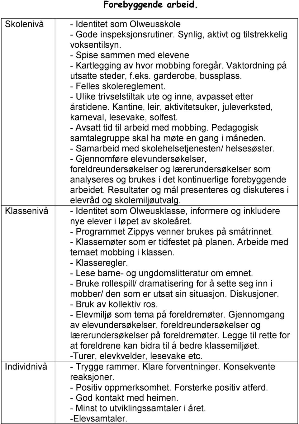 Kantine, leir, aktivitetsuker, juleverksted, karneval, lesevake, solfest. - Avsatt tid til arbeid med mobbing. Pedagogisk samtalegruppe skal ha møte en gang i måneden.