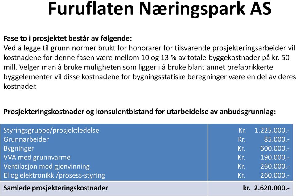 Velger man å bruke muligheten som ligger i å bruke blant annet prefabrikkerte byggelementer vil disse kostnadene for bygningsstatiske beregninger være en del av deres kostnader.