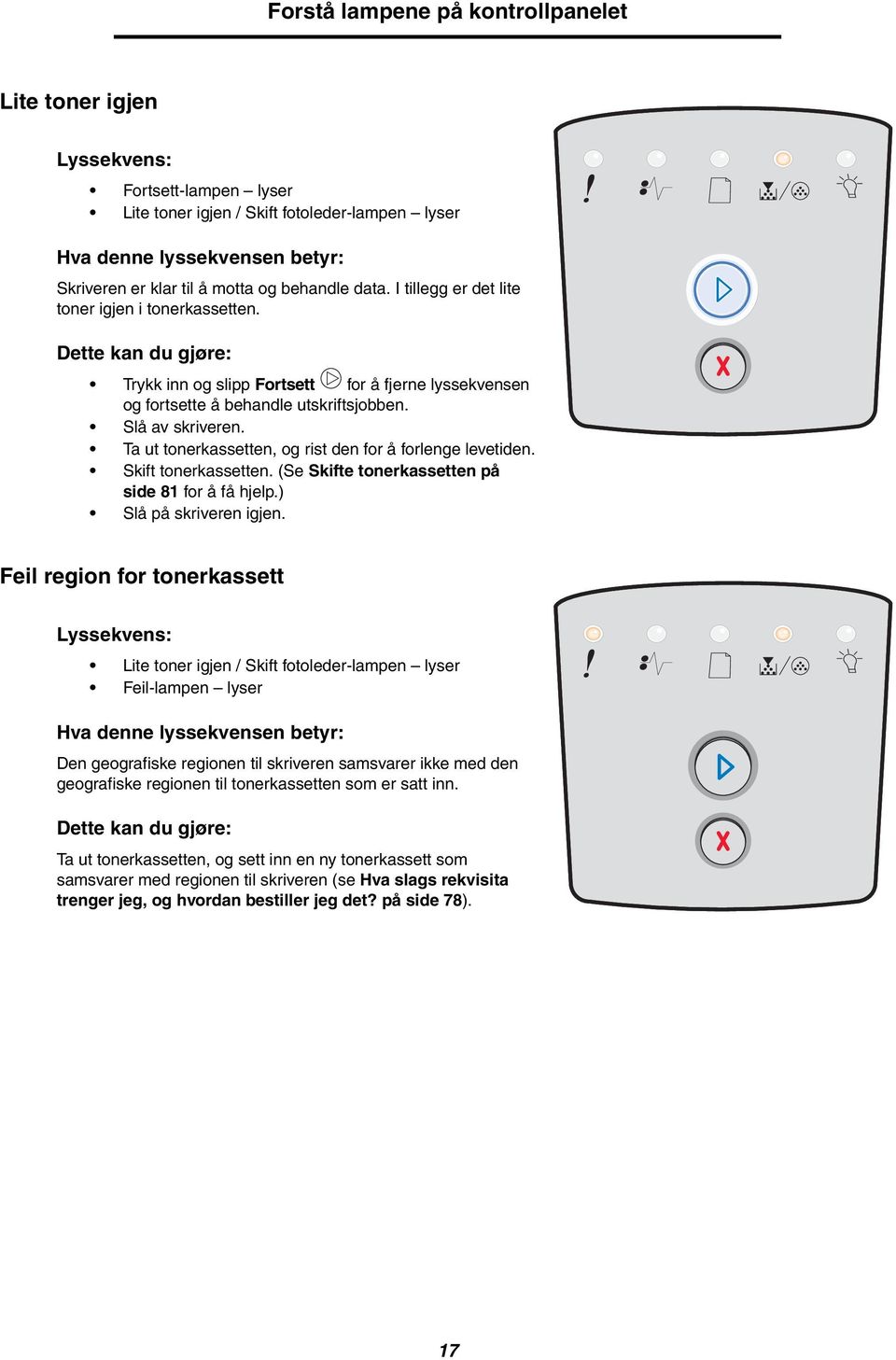 Ta ut tonerkassetten, og rist den for å forlenge levetiden. Skift tonerkassetten. (Se Skifte tonerkassetten på side 81 for å få hjelp.) Slå på skriveren igjen.