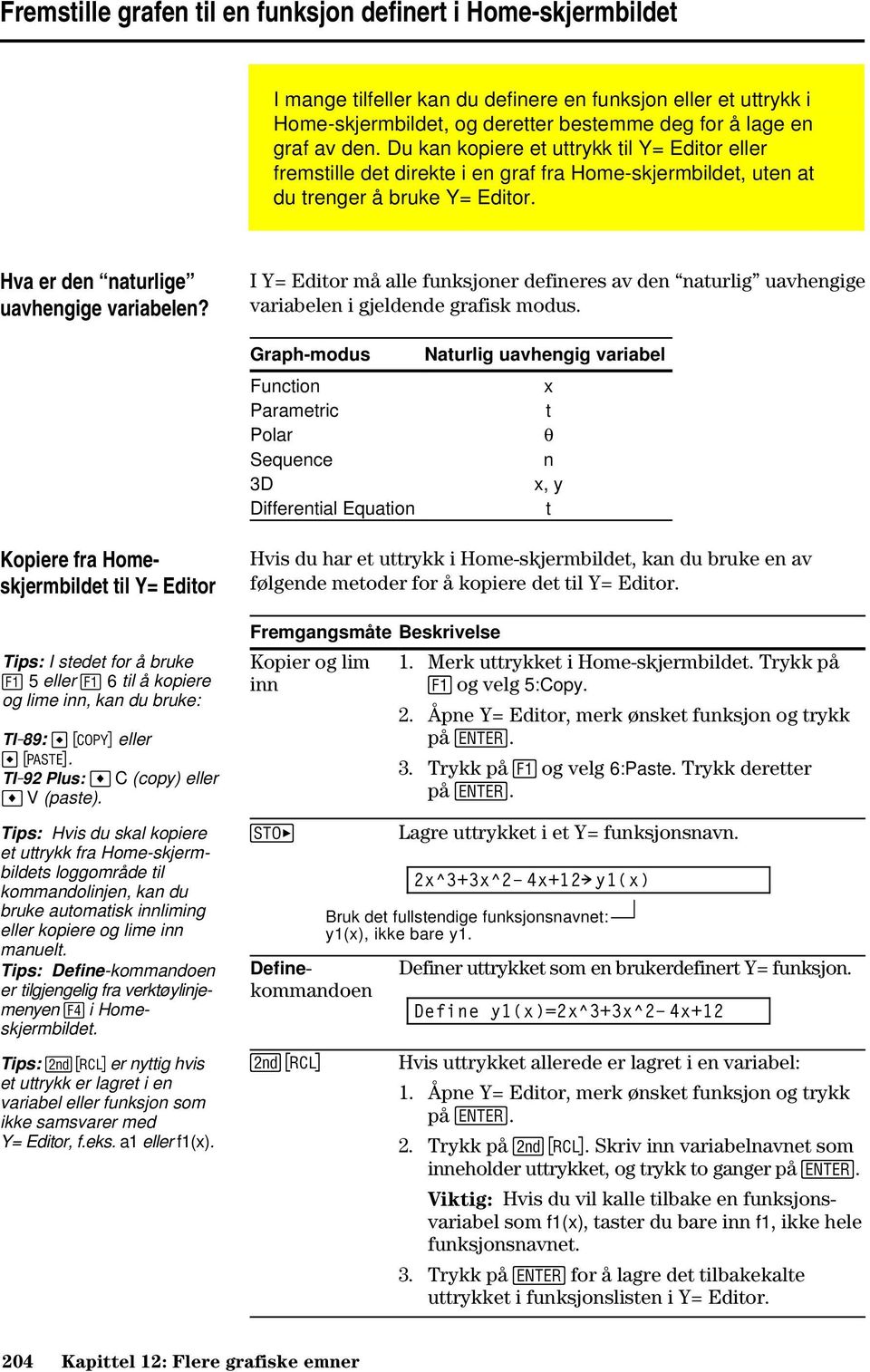 I Y= Editor må alle funksjoner defineres av den naturlig uavhengige variabelen i gjeldende grafisk modus.