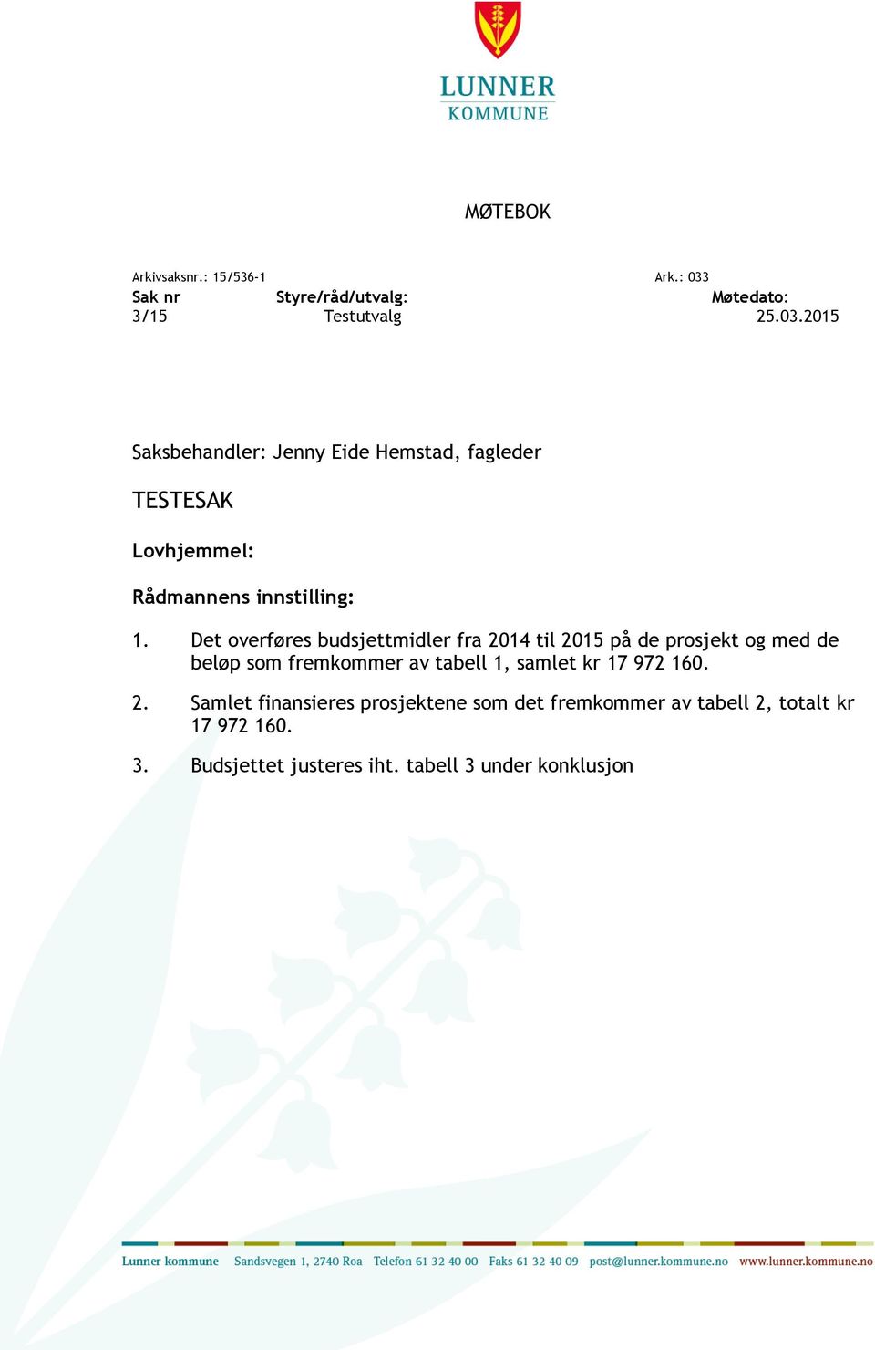 2015 Saksbehandler: Jenny Eide Hemstad, fagleder TESTESAK Lovhjemmel: Rådmannens innstilling: 1.