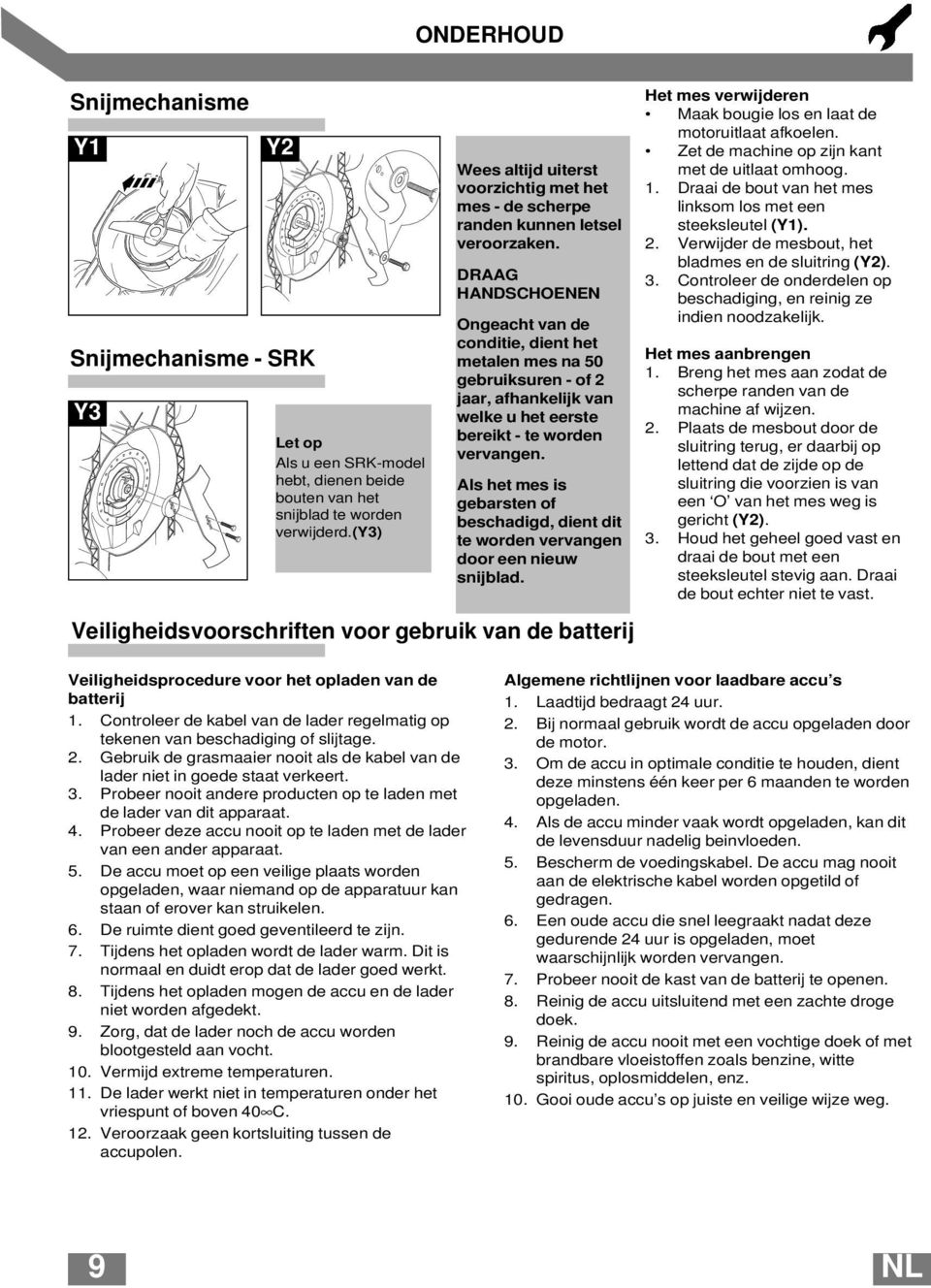 DRAAG HANDSCHOENEN Ongeacht van de conditie, dient het metalen mes na 50 gebruiksuren - of 2 jaar, afhankelijk van welke u het eerste bereikt - te worden vervangen.