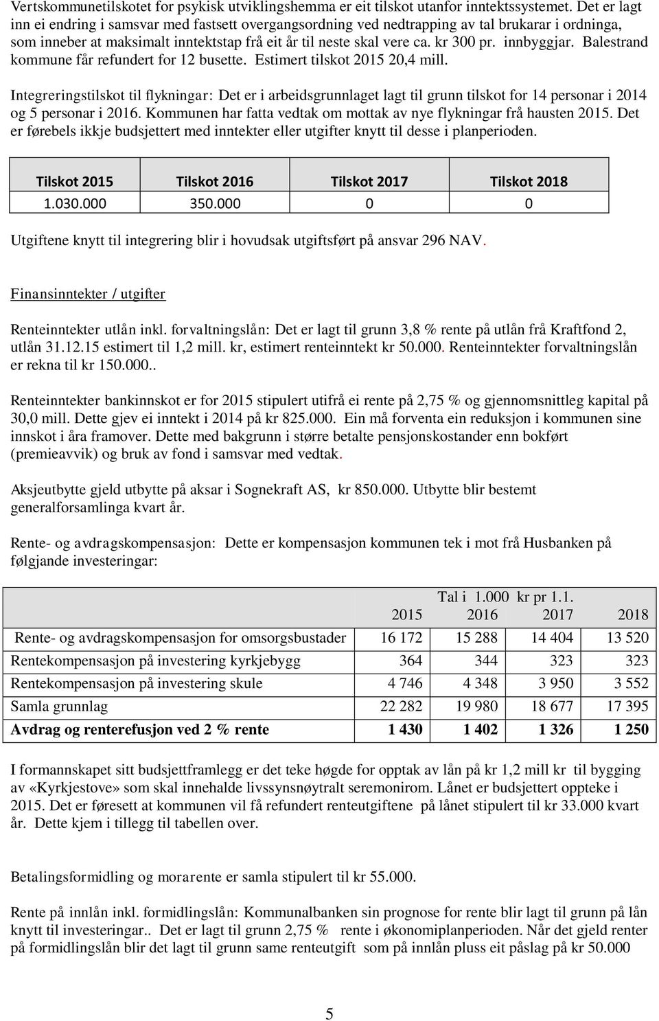 innbyggjar. Balestrand kommune får refundert for 12 busette. Estimert tilskot 2015 20,4 mill.