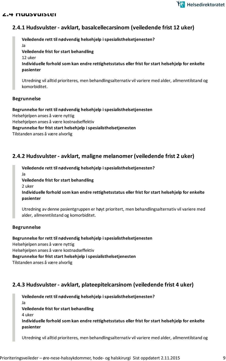 2 Hudsvulster - avklart, maligne melanomer (veiledende frist 2 uker) Veiledende frist for start behandling 2 uker av denne pasientgruppen er høyt prioritert, men behandlingsalternativ vil variere 3