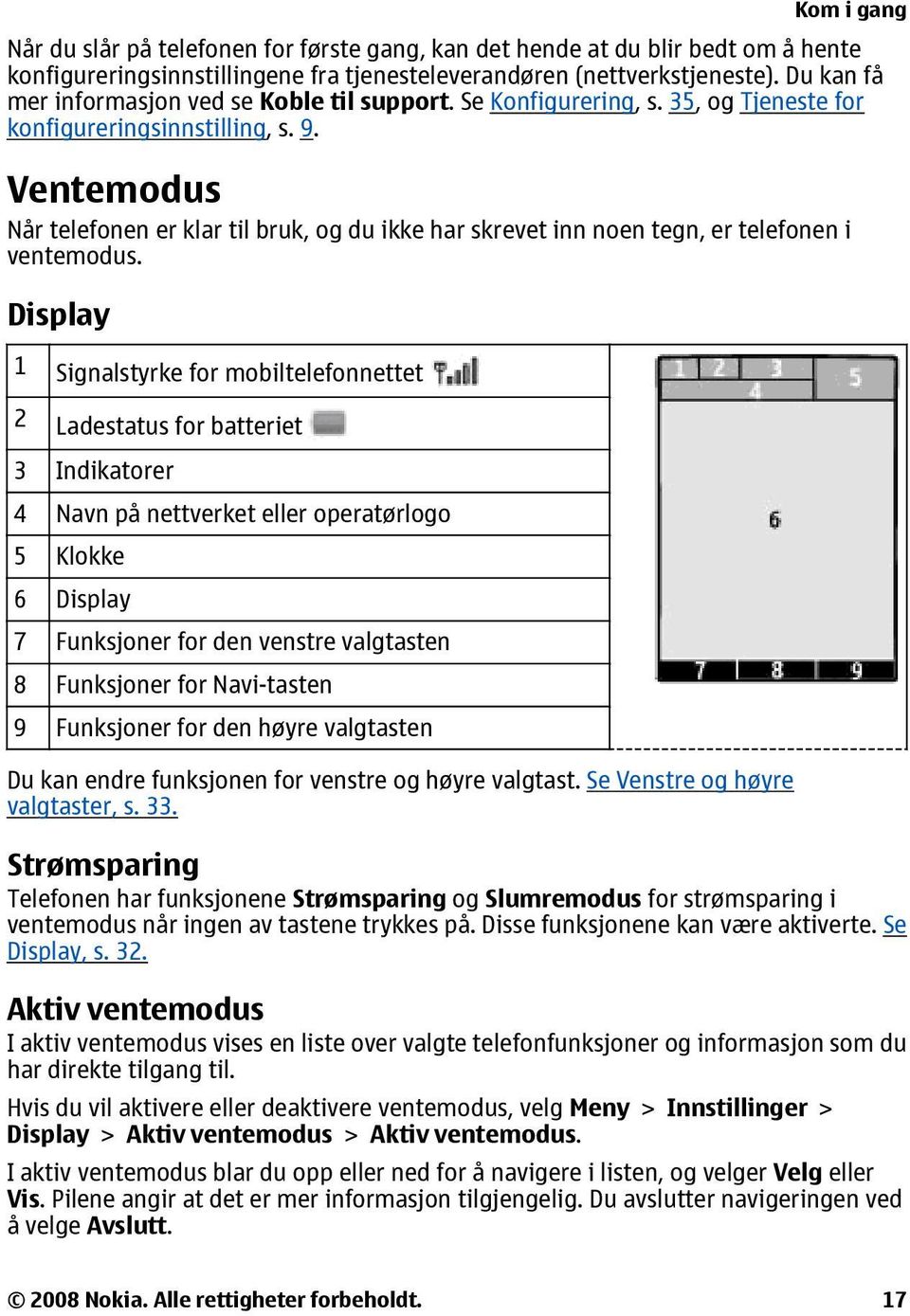 Ventemodus Når telefonen er klar til bruk, og du ikke har skrevet inn noen tegn, er telefonen i ventemodus.