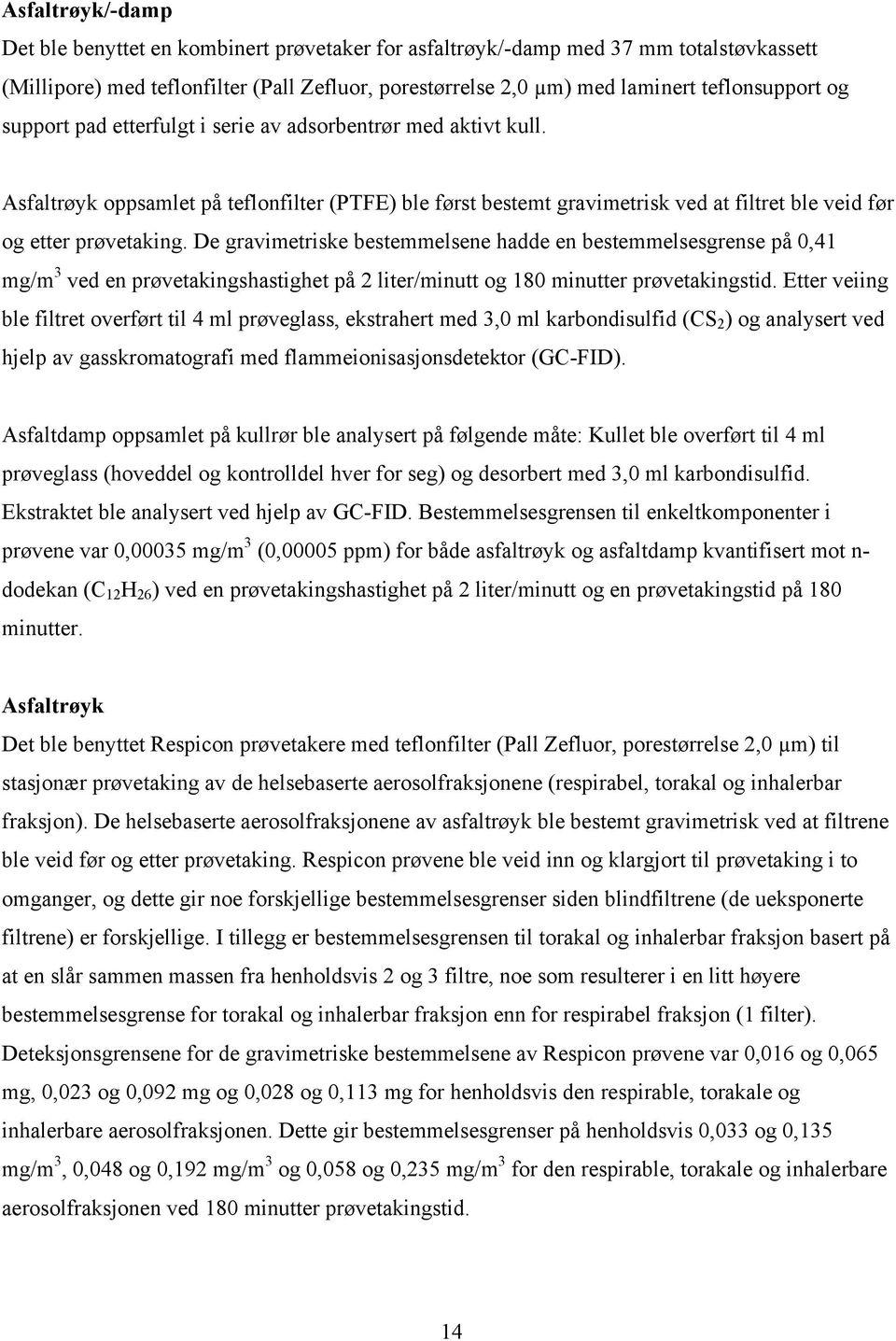 De gravimetriske bestemmelsene hadde en bestemmelsesgrense på 0,41 mg/m 3 ved en prøvetakingshastighet på 2 liter/minutt og 180 minutter prøvetakingstid.