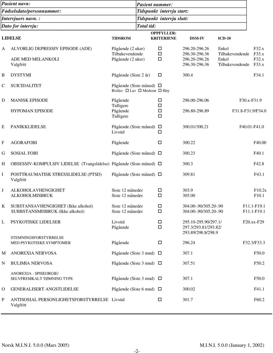 uker) 296.20-296.26 Enkel F32.x Tilbakevendende 296.30-296.36 Tilbakevendende F33.x ADE MED MELANKOLI Pågående (2 uker) 296.20-296.26 Enkel F32.x Valgfritt 296.30-296.36 Tilbakevendende F33.x B DYSTYMI Pågående (Siste 2 år) 300.