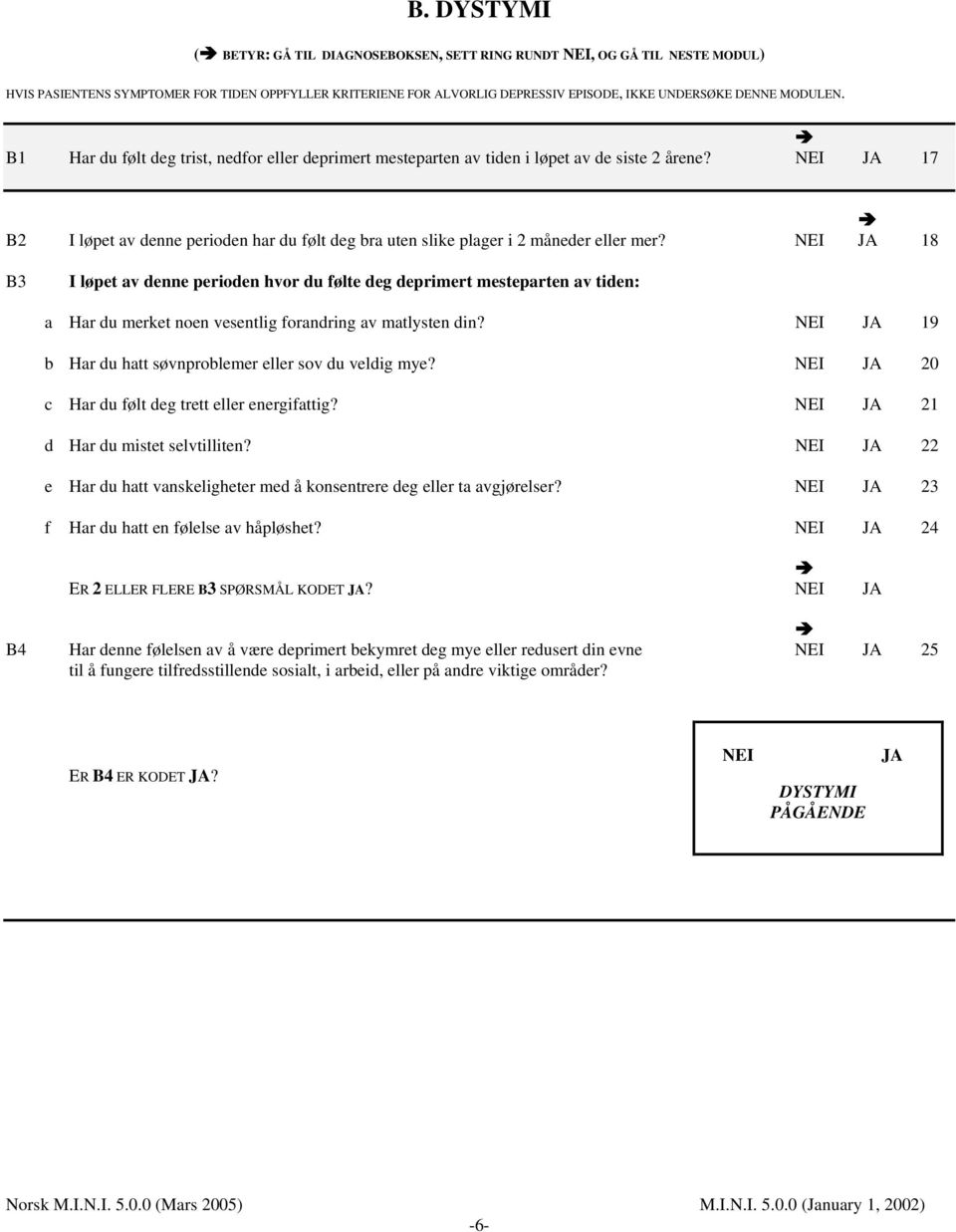 18 B3 I løpet av denne perioden hvor du følte deg deprimert mesteparten av tiden: a Har du merket noen vesentlig forandring av matlysten din? 19 b Har du hatt søvnproblemer eller sov du veldig mye?