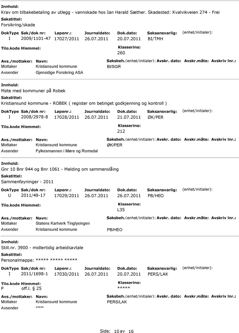 2011 ØK/PER 212 Avs./mottaker: Navn: Saksbeh. Avskr. dato: Avskr.måte: Avskriv lnr.