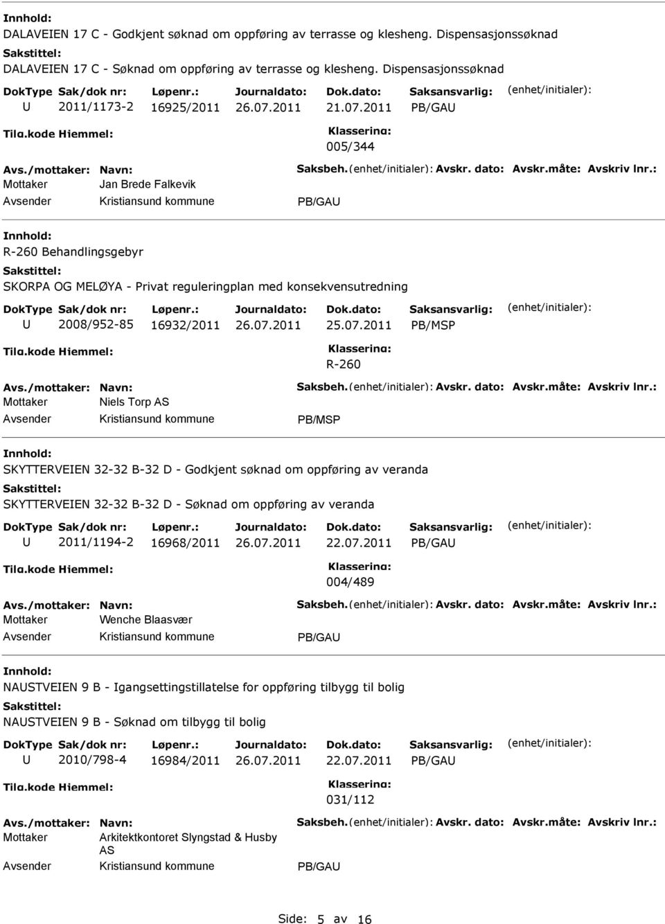 : Mottaker Jan Brede Falkevik PB/GA R-260 Behandlingsgebyr SKORPA OG MELØYA - Privat reguleringplan med konsekvensutredning 2008/952-85 16932/2011 PB/MSP R-260 Avs./mottaker: Navn: Saksbeh. Avskr.