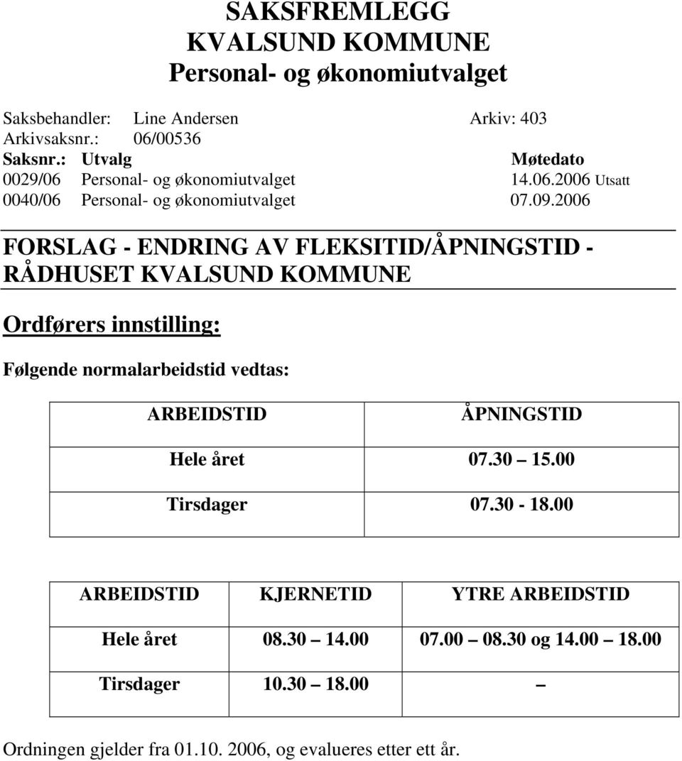 2006 FORSLAG - ENDRING AV FLEKSITID/ÅPNINGSTID - RÅDHUSET KVALSUND KOMMUNE Ordførers innstilling: Følgende normalarbeidstid vedtas: ARBEIDSTID