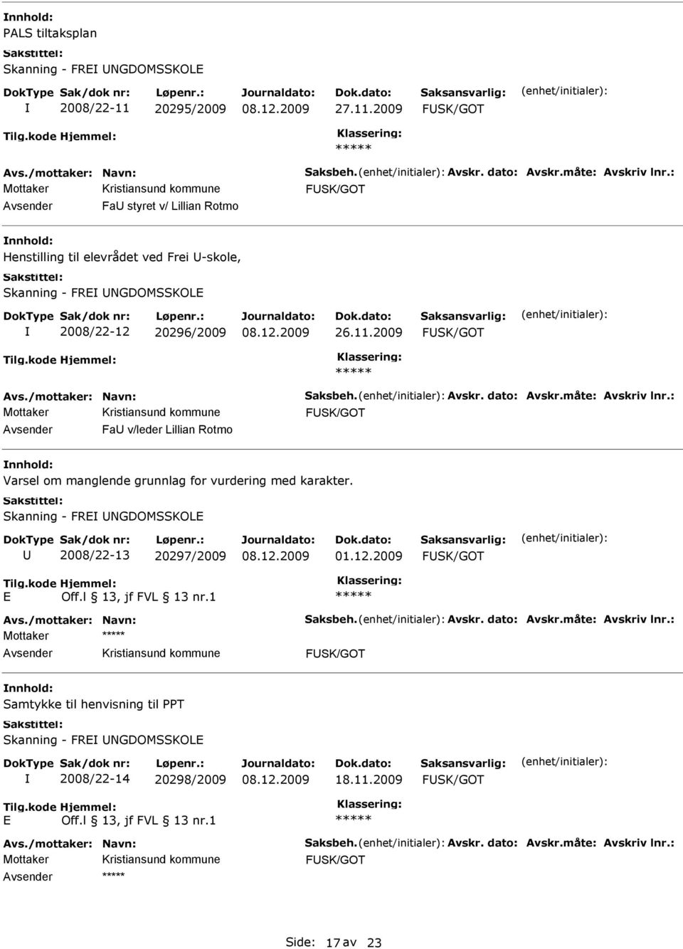 måte: Avskriv lnr.: FSK/GOT Fa v/leder Lillian Rotmo Varsel om manglende grunnlag for vurdering med karakter. Skanning - FR NGDOMSSKOL 2008/22-13 20297/2009 01.12.2009 FSK/GOT Avs.