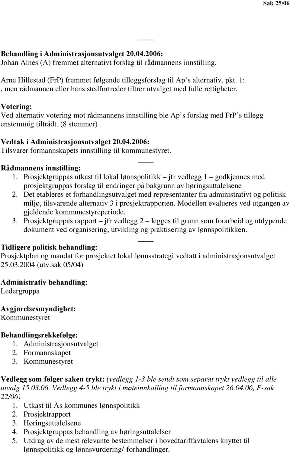 Votering: Ved alternativ votering mot rådmannens innstilling ble Ap s forslag med FrP s tillegg enstemmig tiltrådt. (8 stemmer) Vedtak i Administrasjonsutvalget 20.04.