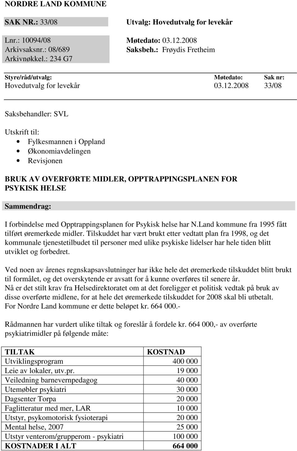 2008 33/08 Saksbehandler: SVL Utskrift til: Fylkesmannen i Oppland Økonomiavdelingen Revisjonen BRUK AV OVERFØRTE MIDLER, OPPTRAPPINGSPLANEN FOR PSYKISK HELSE Sammendrag: I forbindelse med