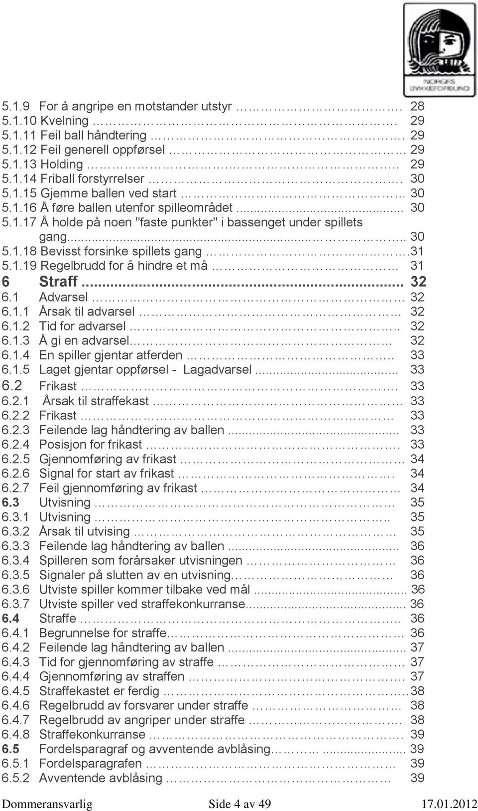 .. 32 6.1 Advarsel 32 6.1.1 Årsak til advarsel 32 6.1.2 Tid for advarsel.. 32 6.1.3 Å gi en advarsel 32 6.1.4 En spiller gjentar atferden.. 33 6.1.5 Laget gjentar oppførsel - Lagadvarsel... 33 6.2 Frikast.