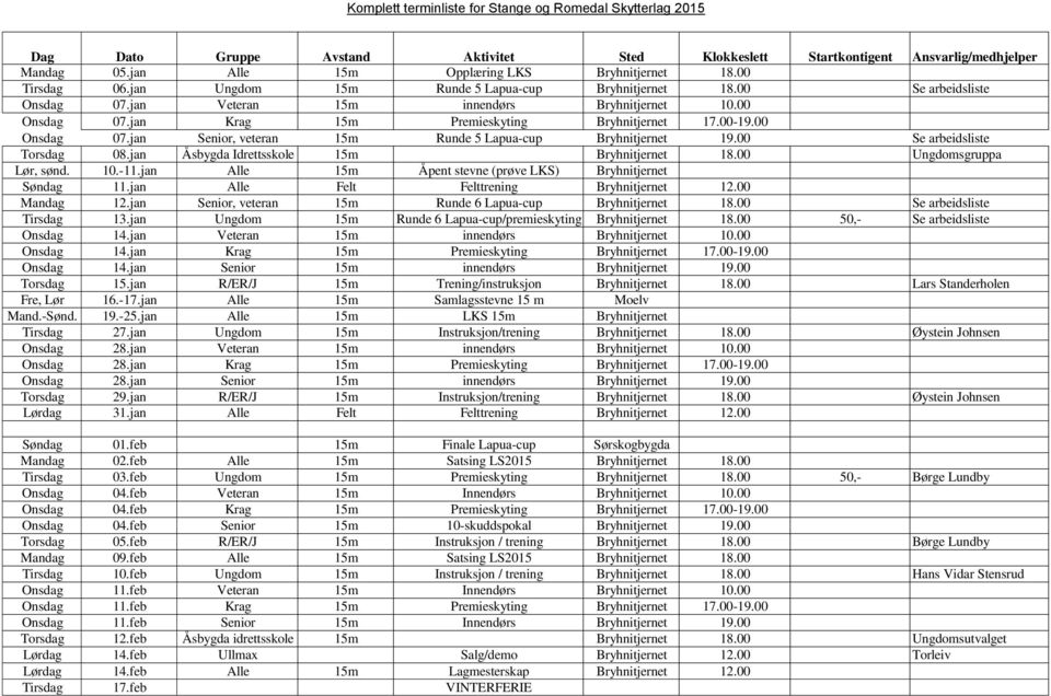 00 Onsdag 07.jan Senior, veteran 15m Runde 5 Lapua-cup Bryhnitjernet 19.00 Se arbeidsliste Torsdag 08.jan Åsbygda Idrettsskole 15m Bryhnitjernet 18.00 Ungdomsgruppa Lør, sønd. 10.-11.