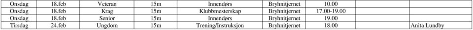 00-19.00 Onsdag 18.feb Senior 15m Innendørs Bryhnitjernet 19.