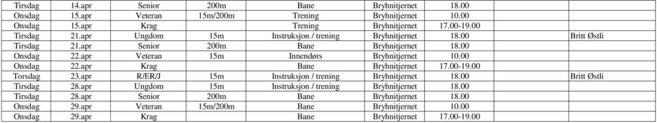 00 Onsdag 22.apr Krag Bane Bryhnitjernet 17.00-19.00 Torsdag 23.apr R/ER/J 15m Instruksjon / trening Bryhnitjernet 18.00 Britt Østli Tirsdag 28.