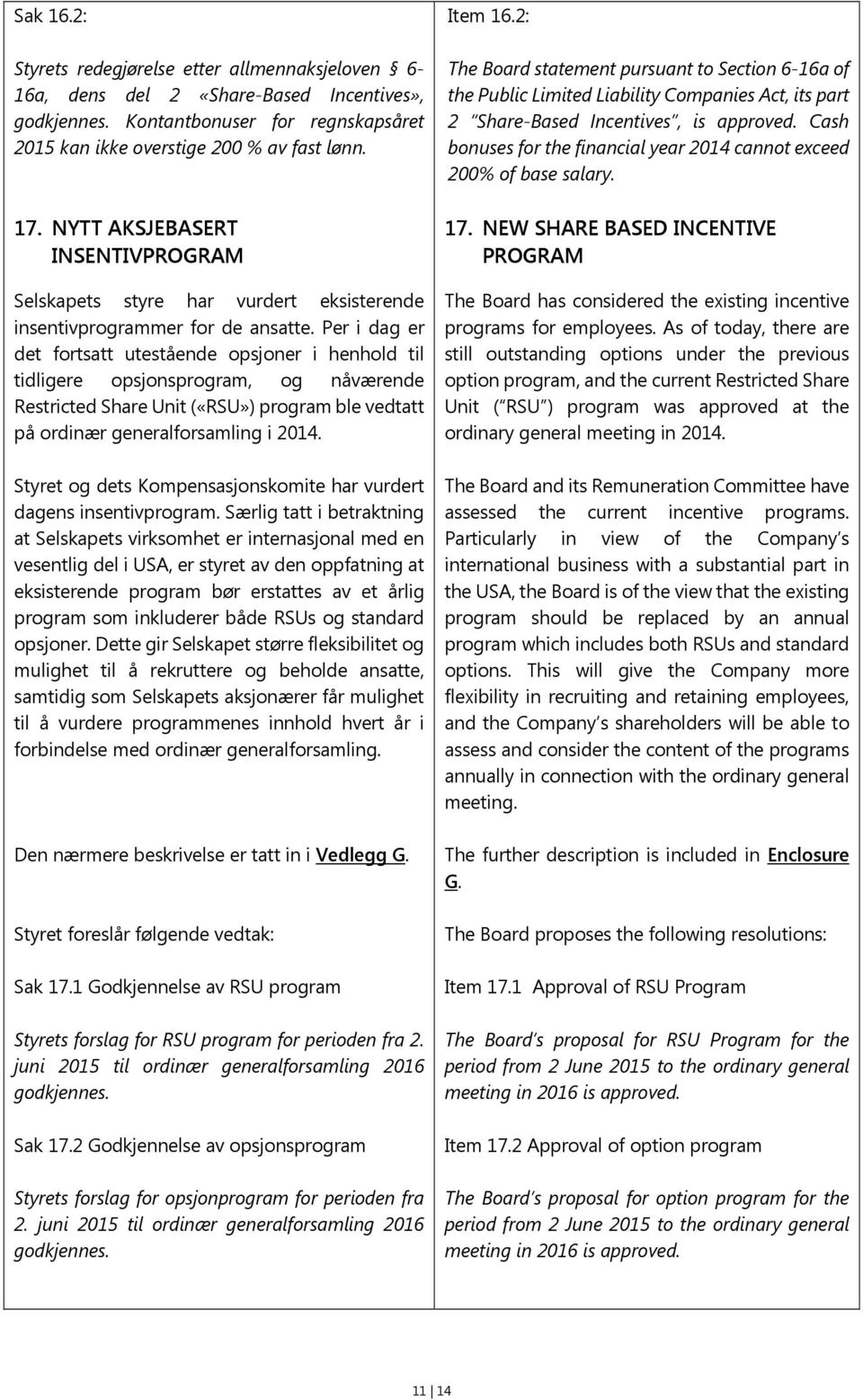 Per i dag er det fortsatt utestående opsjoner i henhold til tidligere opsjonsprogram, og nåværende Restricted Share Unit («RSU») program ble vedtatt på ordinær generalforsamling i 2014.