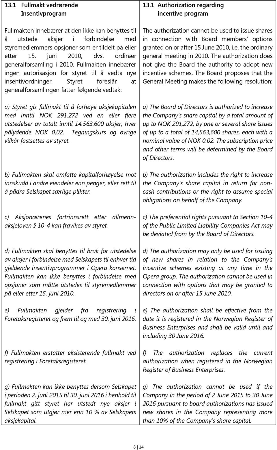 Styret foreslår at generalforsamlingen fatter følgende vedtak: a) Styret gis fullmakt til å forhøye aksjekapitalen med inntil NOK 291.272 ved en eller flere utstedelser av totalt inntil 14.563.