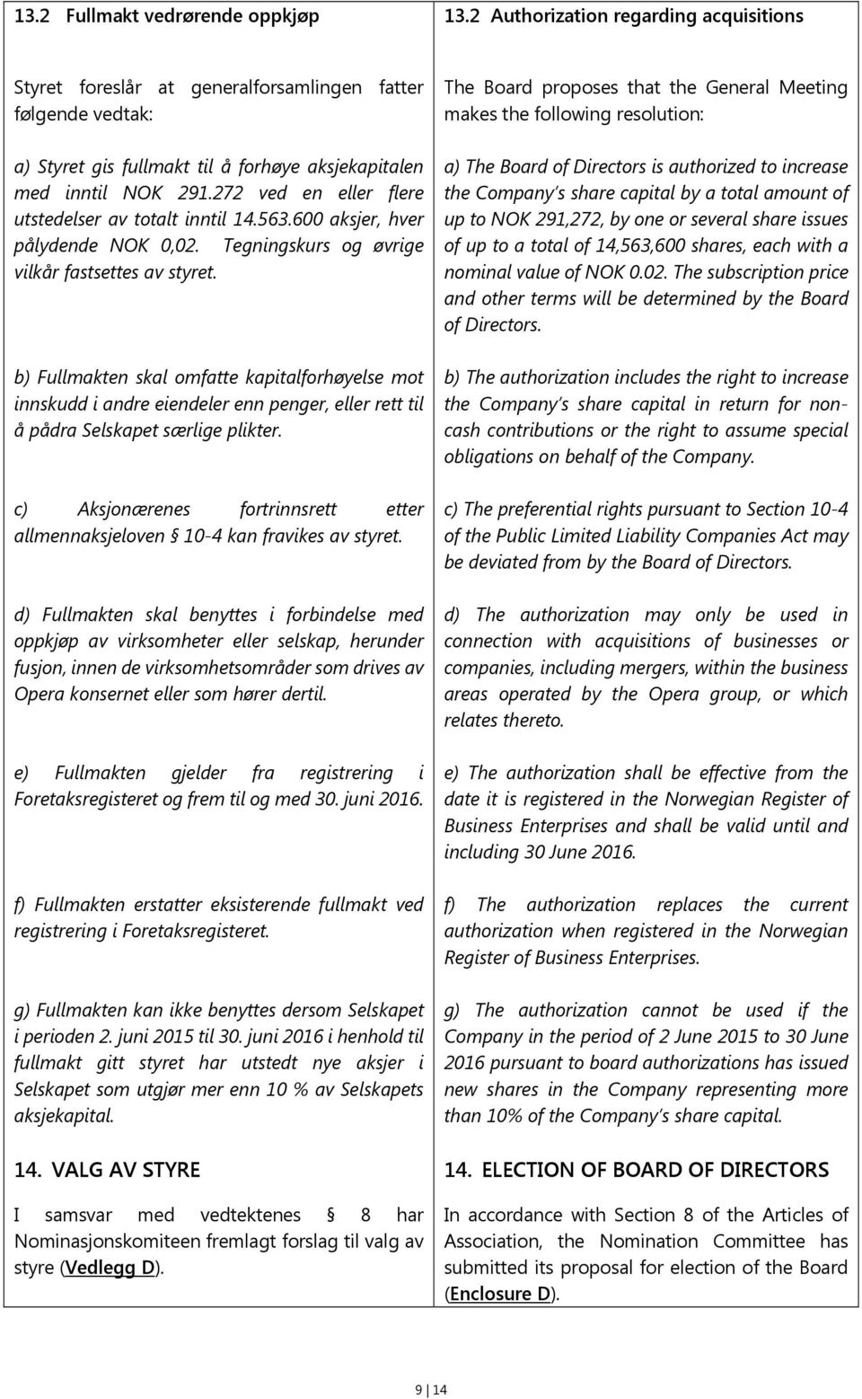 272 ved en eller flere utstedelser av totalt inntil 14.563.600 aksjer, hver pålydende NOK 0,02. Tegningskurs og øvrige vilkår fastsettes av styret.