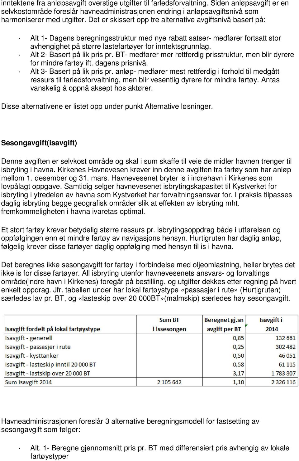 Alt 2- Basert på lik pris pr. BT- medfører mer rettferdig prisstruktur, men blir dyrere for mindre fartøy ift. dagens prisnivå. Alt 3- Basert på lik pris pr.