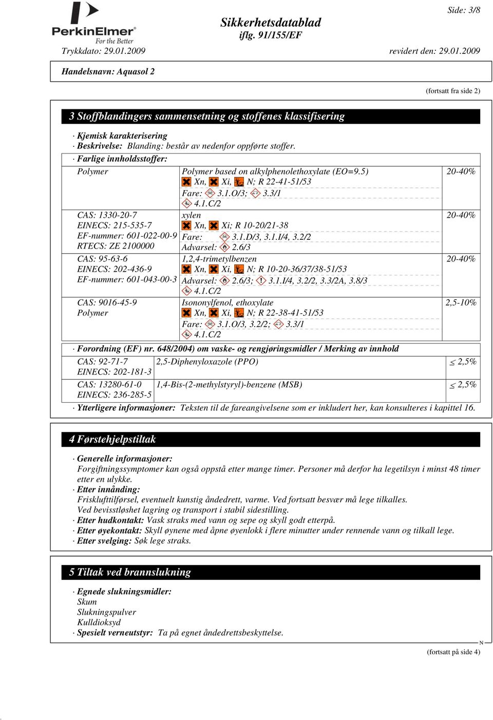 51/53 Fare: 3.1.O/3; 3.3/1 4.1.C/2 CAS: 1330-20-7 EIECS: 215-535-7 EF-nummer: 601-022-00-9 RTECS: ZE 2100000 CAS: 95-63-6 EIECS: 202-436-9 EF-nummer: 601-043-00-3 CAS: 9016-45-9 Polymer xylen Xn, Xi; R 10-20/21-38 Fare: 3.