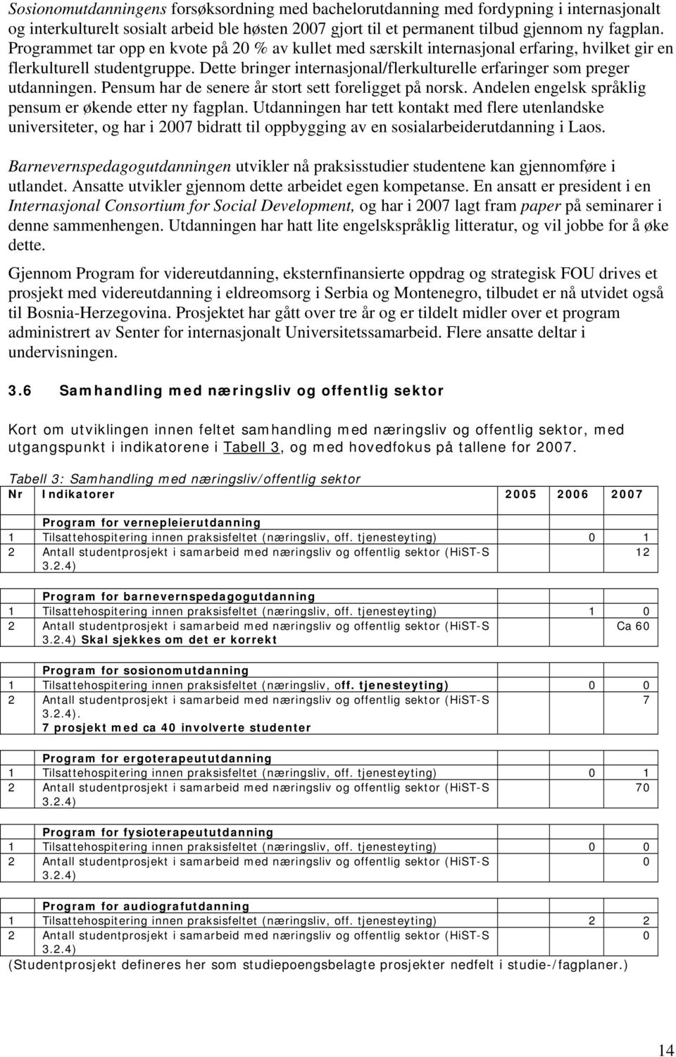 Dette bringer internasjonal/flerkulturelle erfaringer som preger utdanningen. Pensum har de senere år stort sett foreligget på norsk. Andelen engelsk språklig pensum er økende etter ny fagplan.