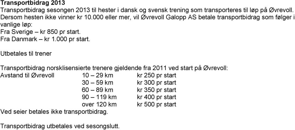 Utbetales til trener Transportbidrag norsklisensierte trenere gjeldende fra 2011 ved start på Øvrevoll: Avstand til Øvrevoll 10 29 km kr 250 pr start 30 59 km