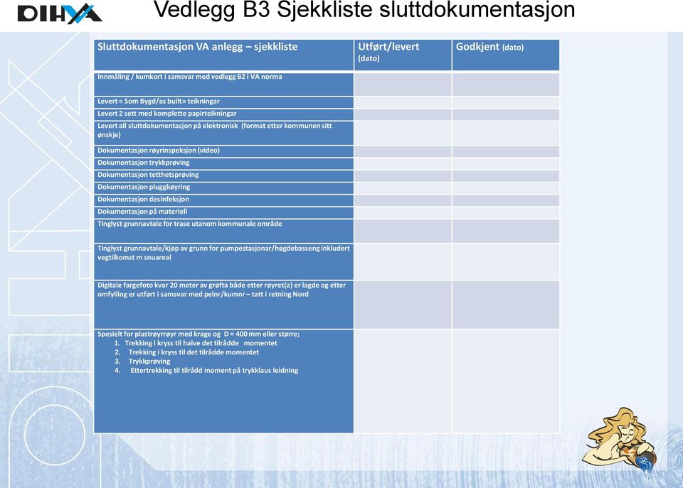 trykkprøving Dokumentasjon tetthetsprøving Dokumentasjon pluggkøyring Dokumentasjon desinfeksjon Dokumentasjon på materiell Tinglyst grunnavtale for trase utanom kommunale område Tinglyst