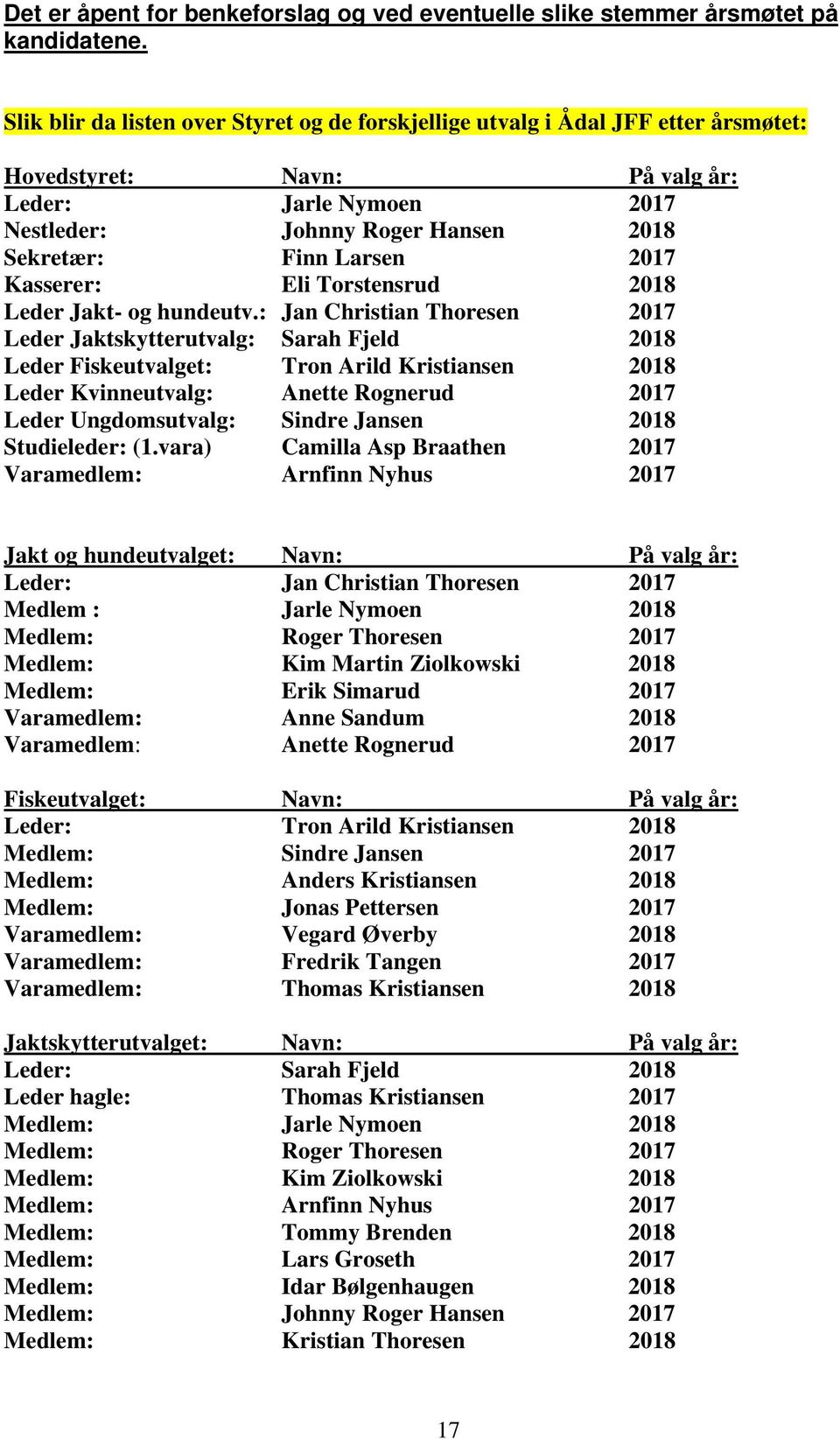 2017 Kasserer: Eli Torstensrud 2018 Leder Jakt- og hundeutv.