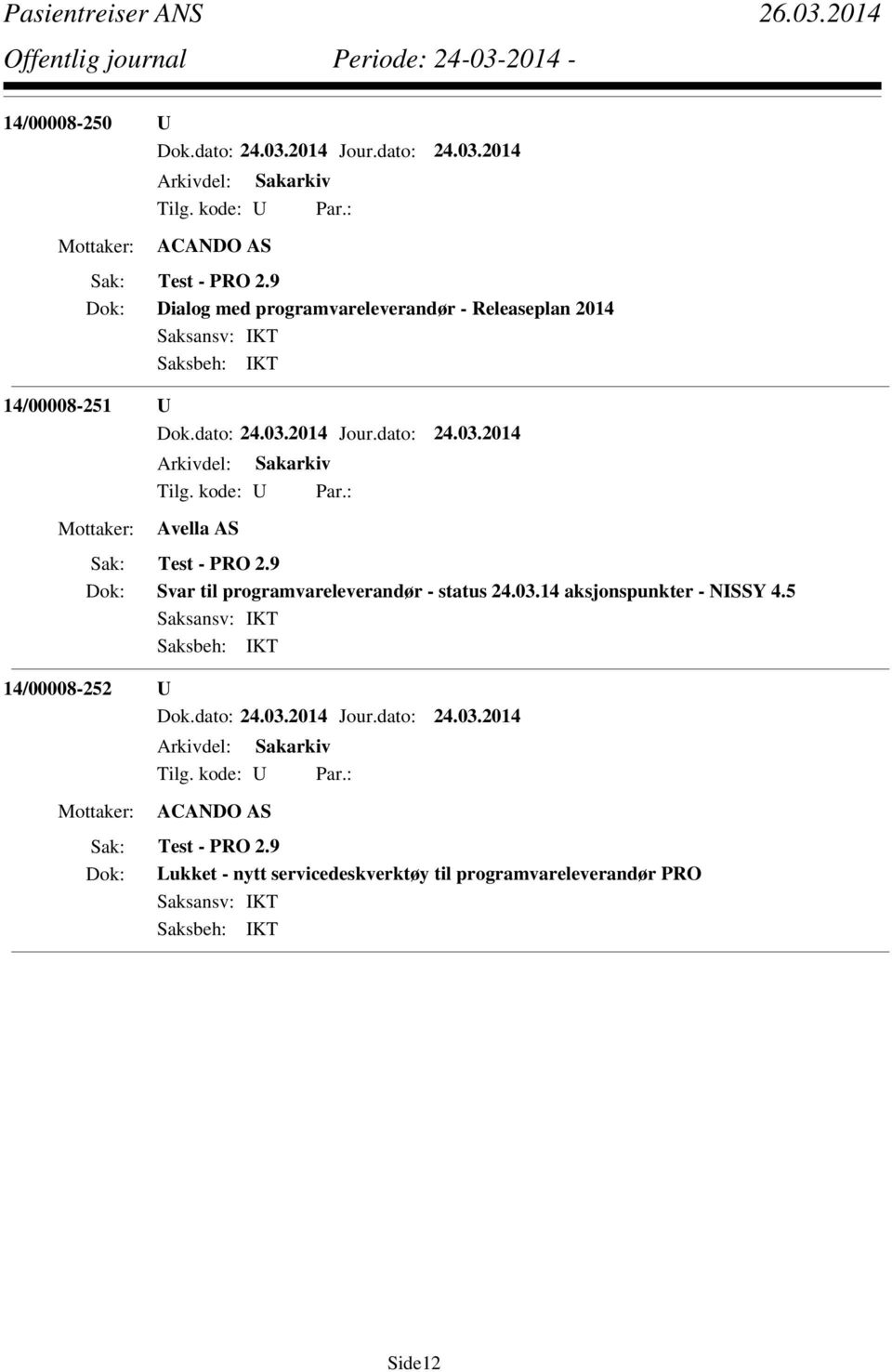 Test - PRO 2.9 Svar til programvareleverandør - status 24.03.