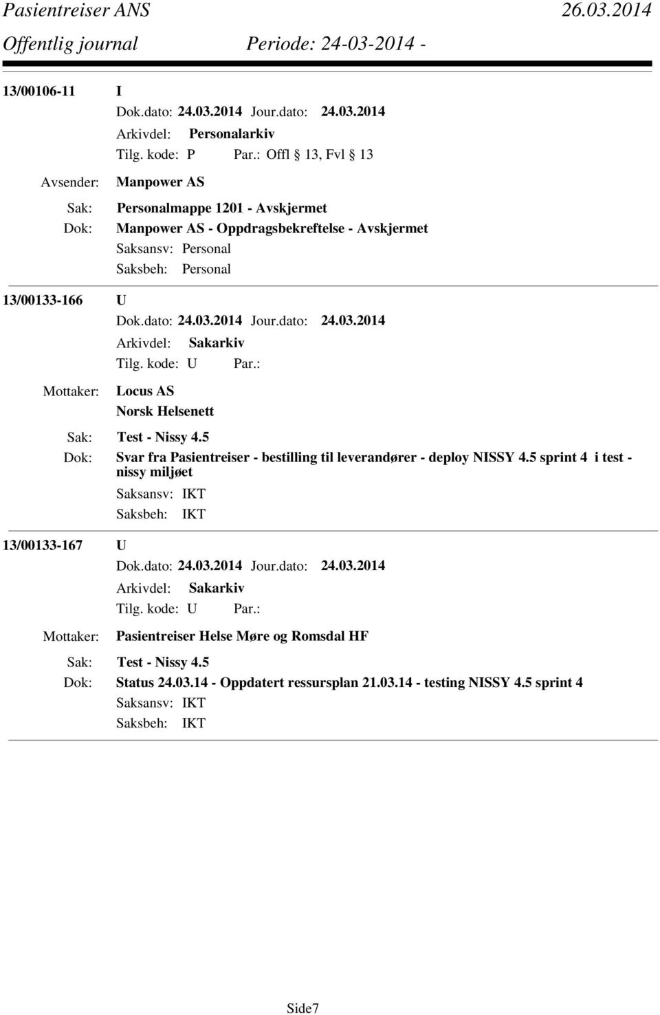 5 sprint 4 i test - nissy miljøet 13/00133-167 U Pasientreiser Helse Møre og Romsdal HF