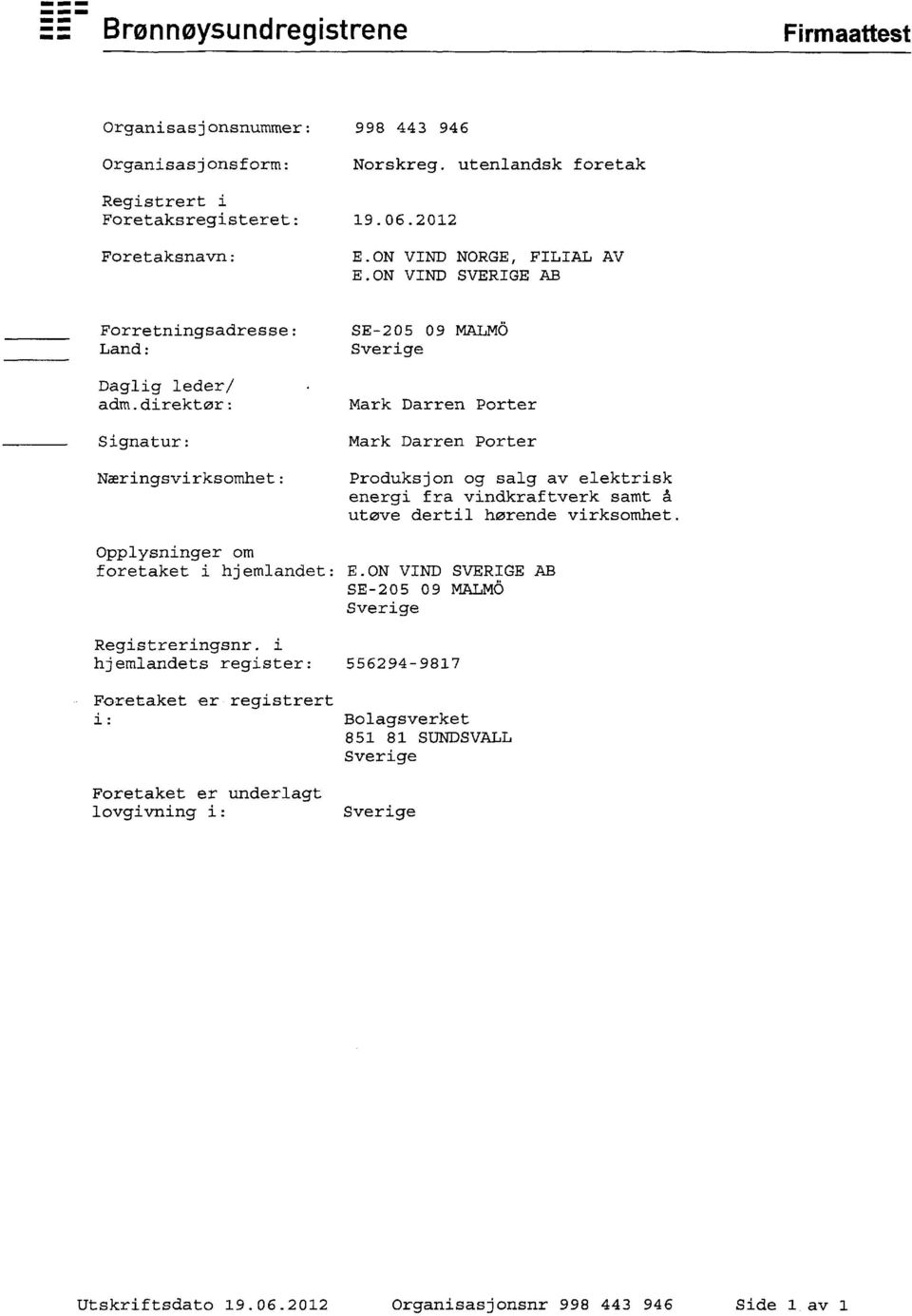 direktør: Signatur: Næringsvirksomhet: Mark Darren Porter Mark Darren Porter Produksjon og salg av elektrisk energi fra vindkraftverk samt å utøve dertil hørende