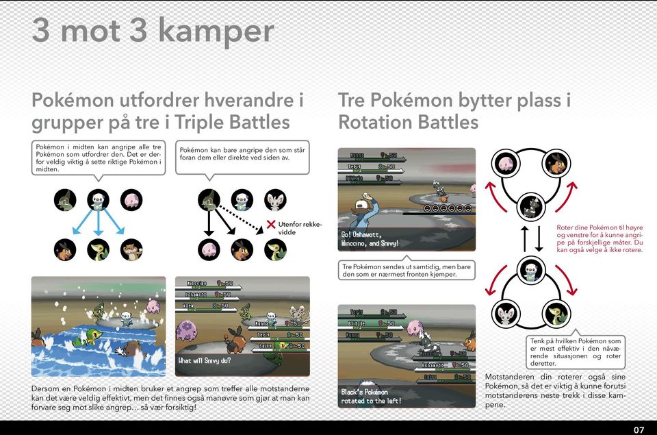 Utenfor rekkevidde Roter dine Pokémon til høyre og venstre for å kunne angripe på forskjellige måter. Du kan også velge å ikke rotere.