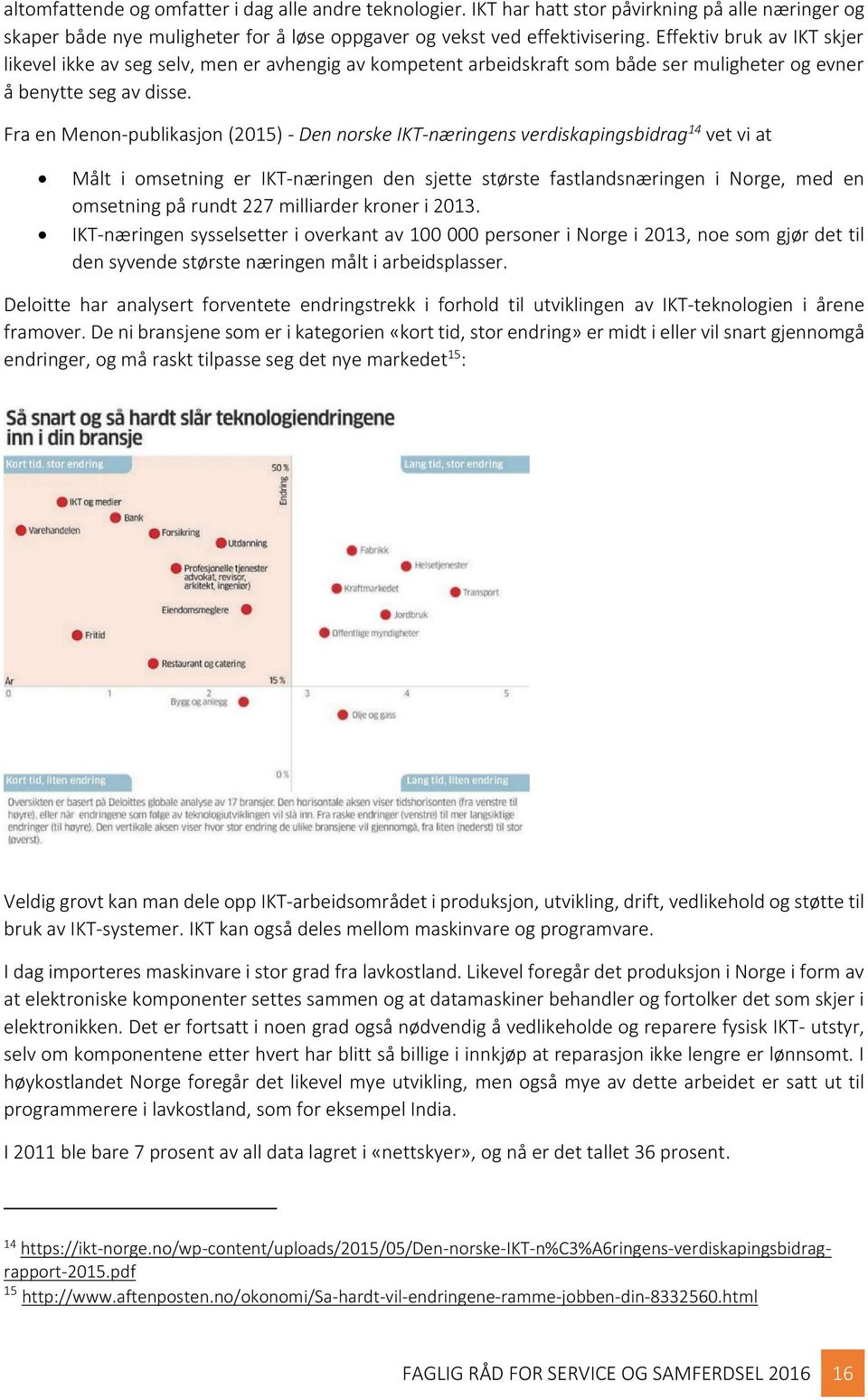 Fra en Menon-publikasjon (2015) - Den norske IKT-næringens verdiskapingsbidrag 14 vet vi at Målt i omsetning er IKT-næringen den sjette største fastlandsnæringen i Norge, med en omsetning på rundt